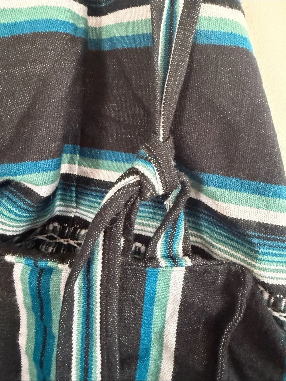 100% wool from Peru Handwoven Teal and Black Striped Women's Drawstring Backpack